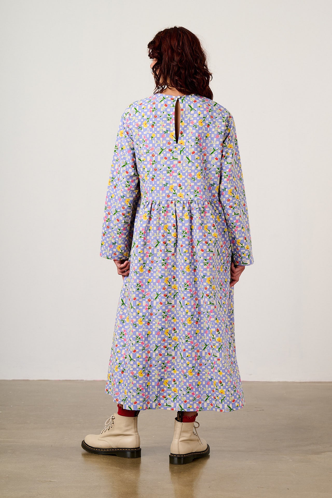 Micah - Cotton Midi Dress in Ditsy Checkerboard Floral