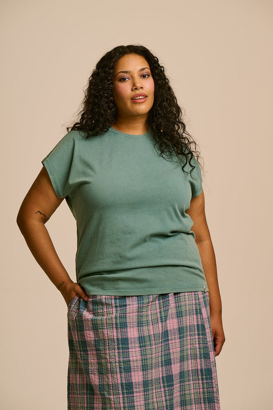 Inessa - Cotton Cap Sleeve T-Shirt in Washed Green