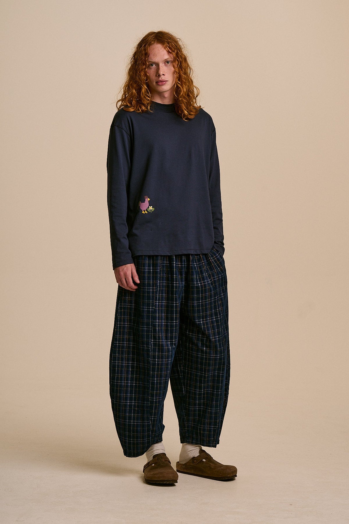 Murat - Long Sleeve Lightweight Cotton T-Shirt in Navy Cross Stitch Print