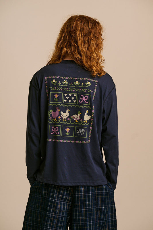 Murat - Long Sleeve Lightweight Cotton T-Shirt in Navy Cross Stitch Print