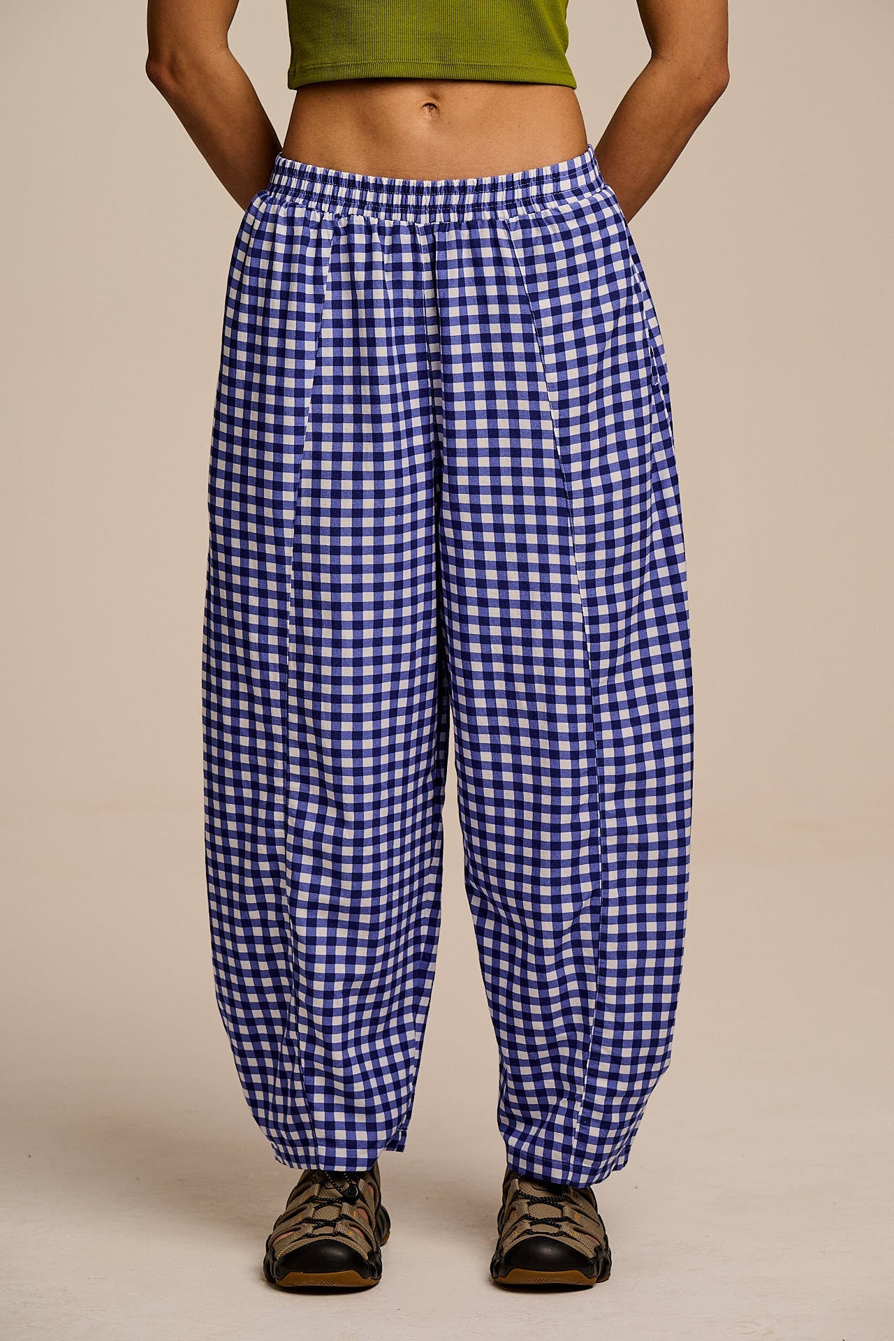 Obregon - Cotton & Viscose Barrel Leg Trousers in Blue Gingham Check