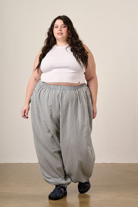 Renata Balloon Leg Trousers - Organic Cotton in Blue & White Stripe