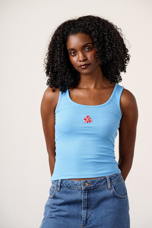 Romy - Cotton Scoop Vest in Blue with Flower Embroidery