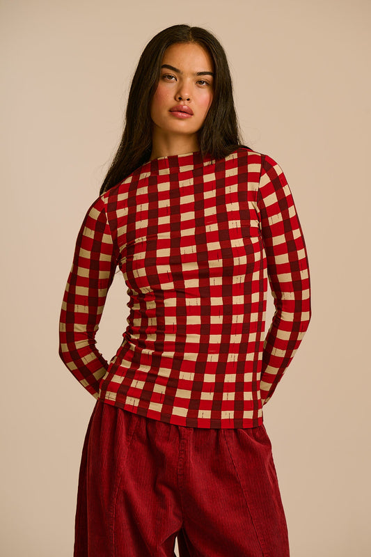 Sara Mock Neck Top - Viscose in Burgundy Gingham