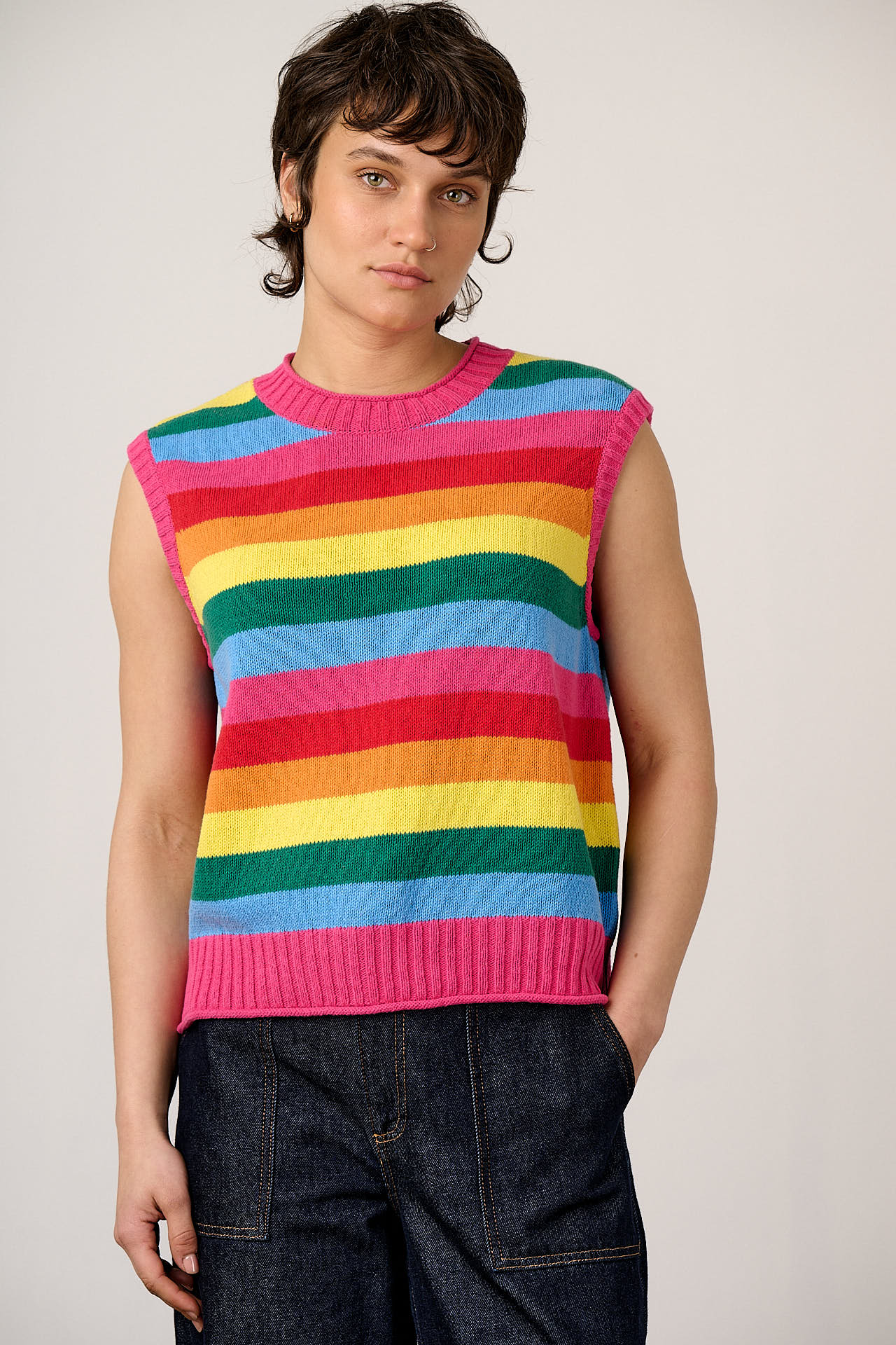 Sawyer - Cotton Knitted Tank in Rainbow Stripe