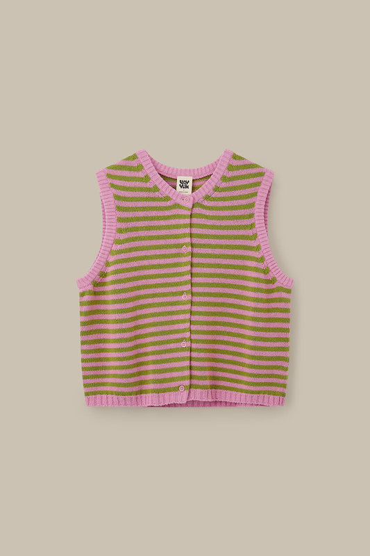 Lynne - Cotton Knitted Tank in Green & Pink Stripe