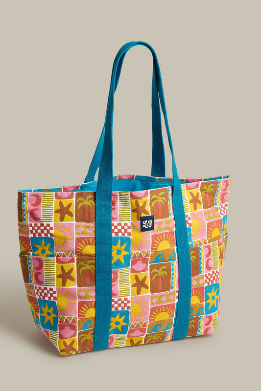Teo - Cotton Beach Bag in Coastal Tile