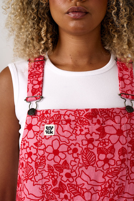 Toluca - Cotton Barrel Leg Dungarees in Pink & Red Kahlo Bloom