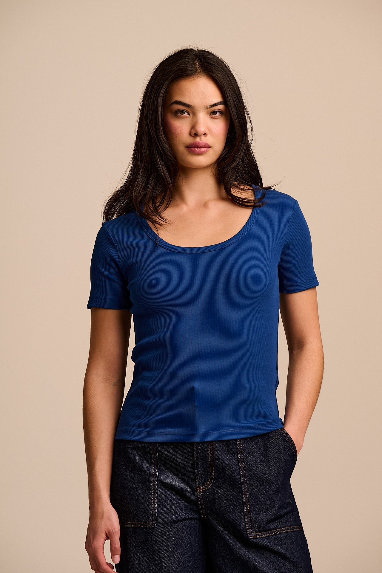 Vita - Ribbed Cotton Scoop Neck Short Sleeve T-Shirt in Blue