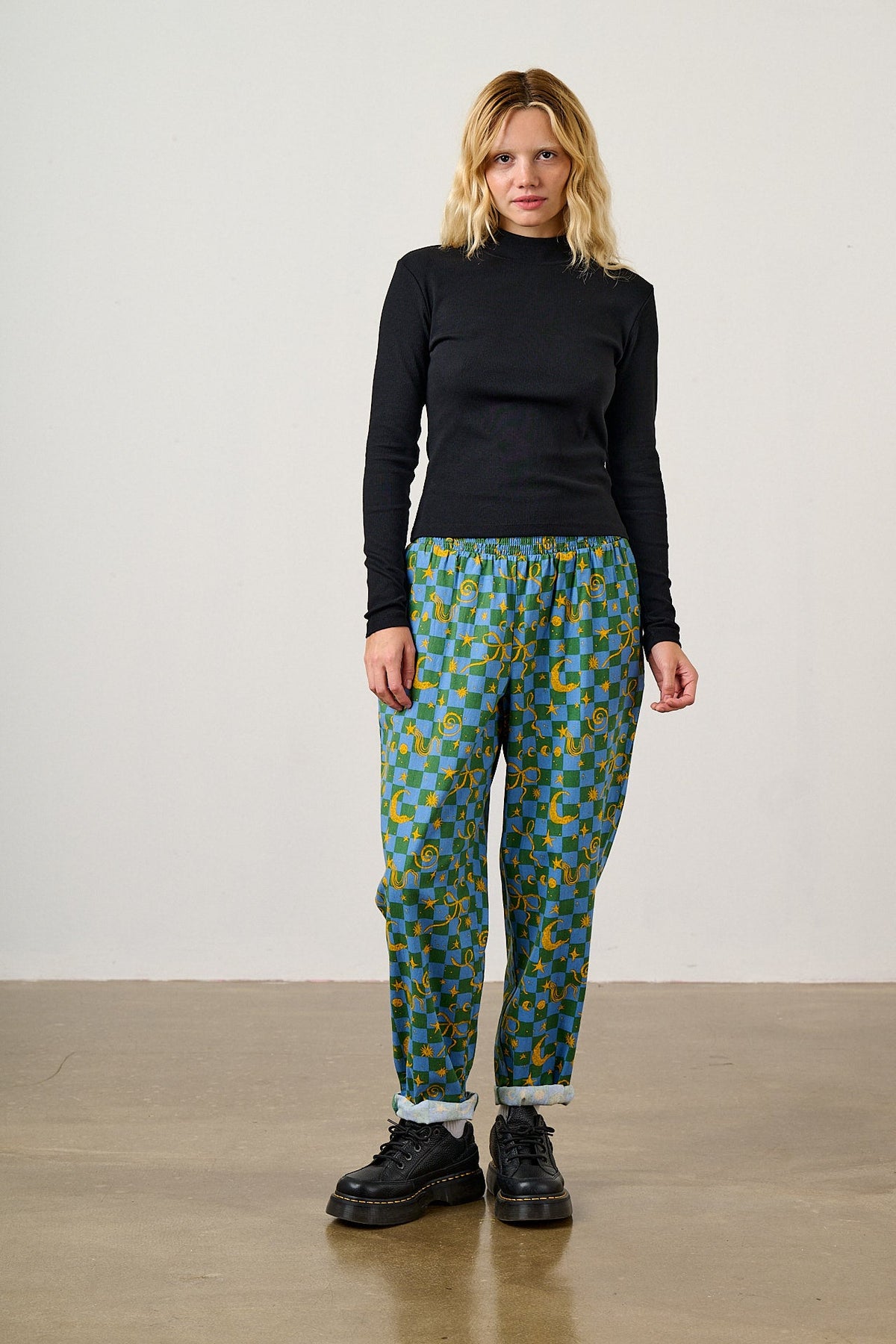Alexa - Cotton Trousers in Blue Celestial Checkerboard