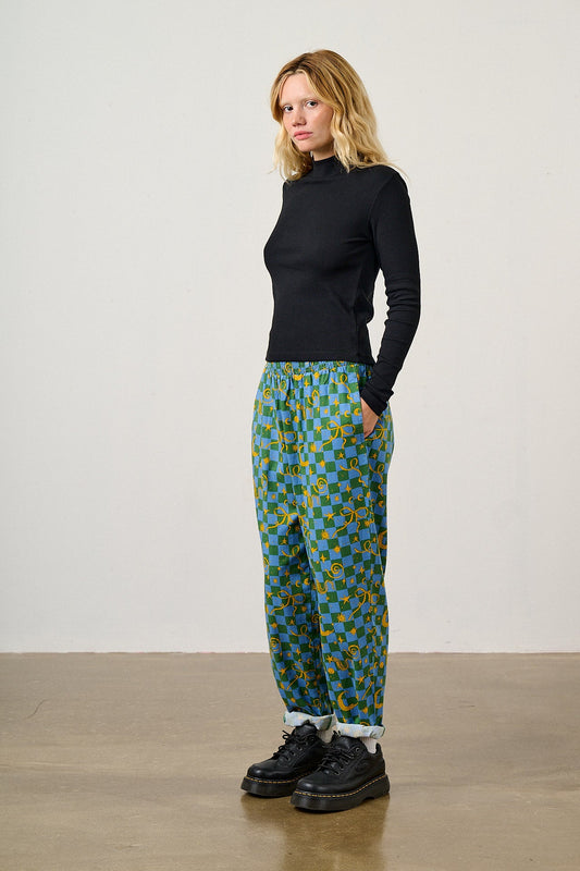 Alexa - Cotton Trousers in Blue Celestial Checkerboard