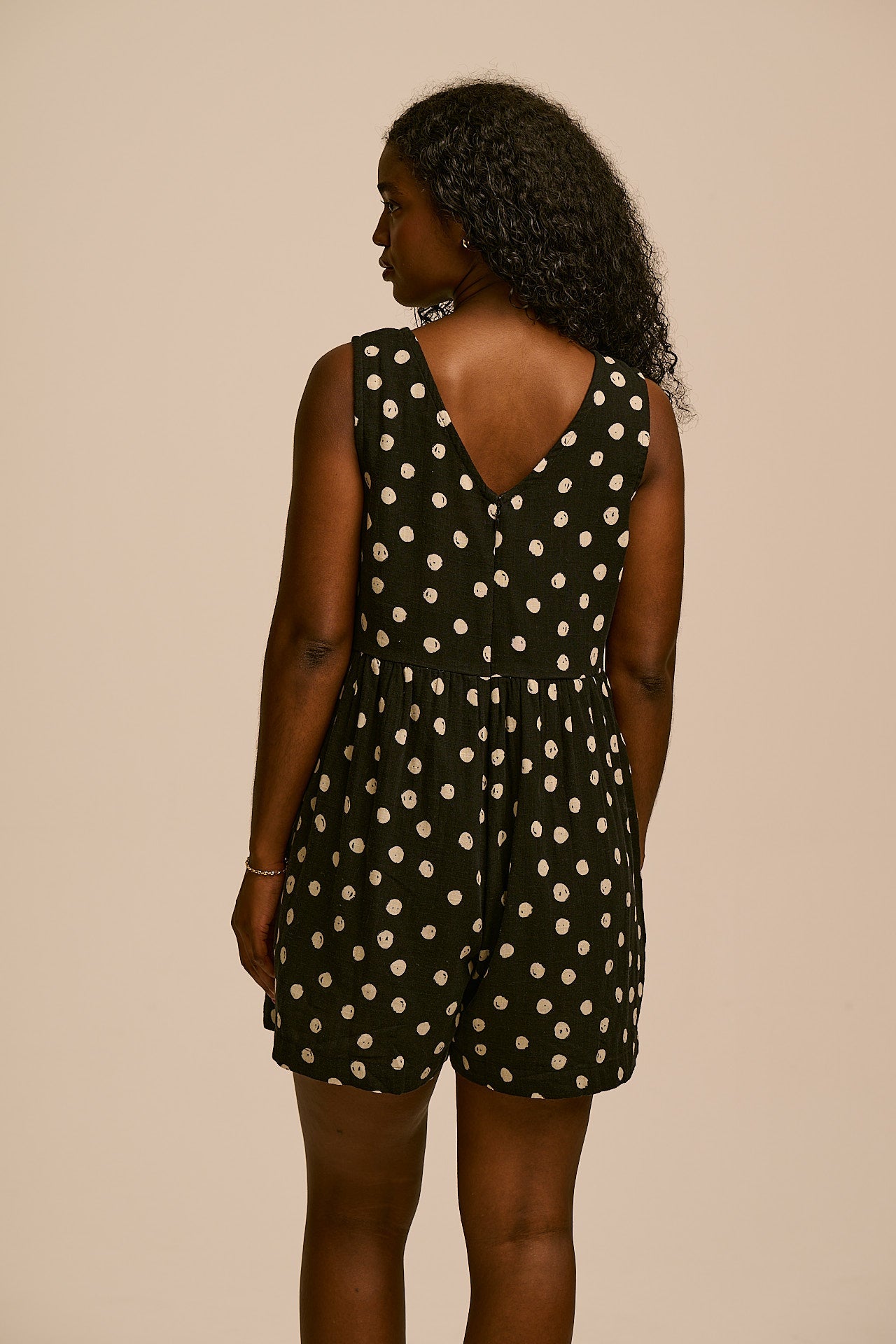 Alisa - Cotton Playsuit in Black & Ecru Polka Dot