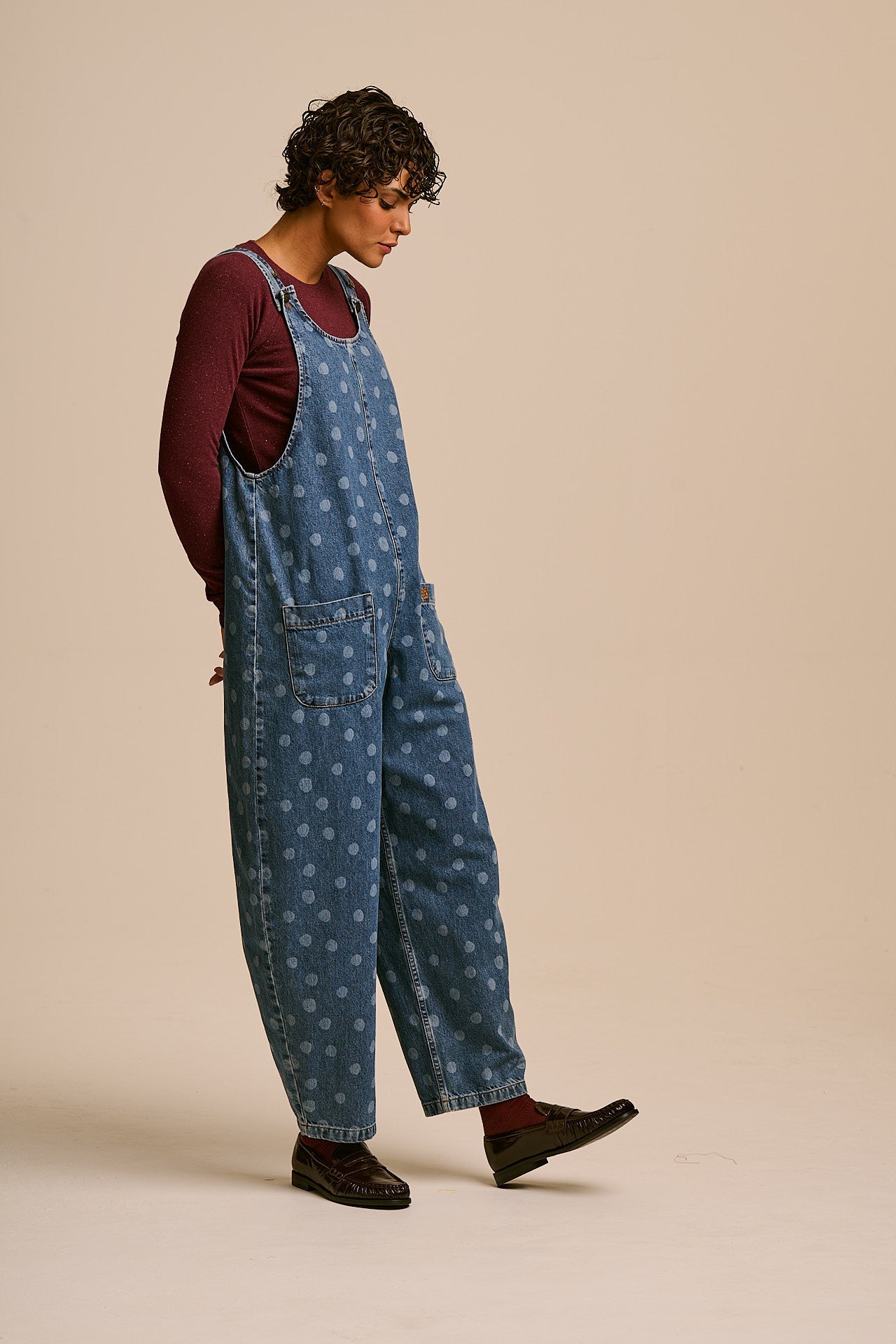 IMPERFECT - Ara - Denim Dungaree in Midwash Polka Dot – Lucy & Yak US