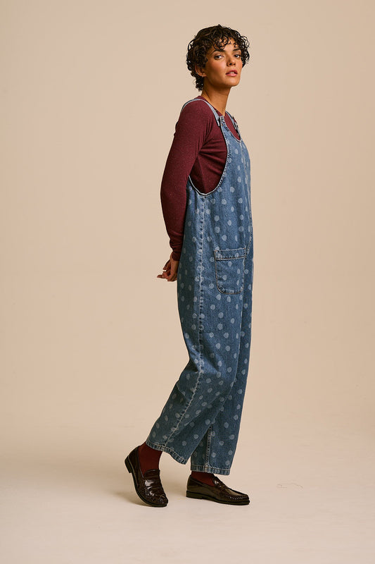 IMPERFECT - Ara  - Denim Dungaree in Midwash Polka Dot