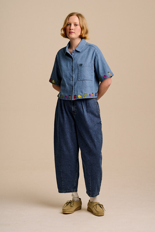 Archer - Cotton Shirt in Light Blue with Veg Embroidery