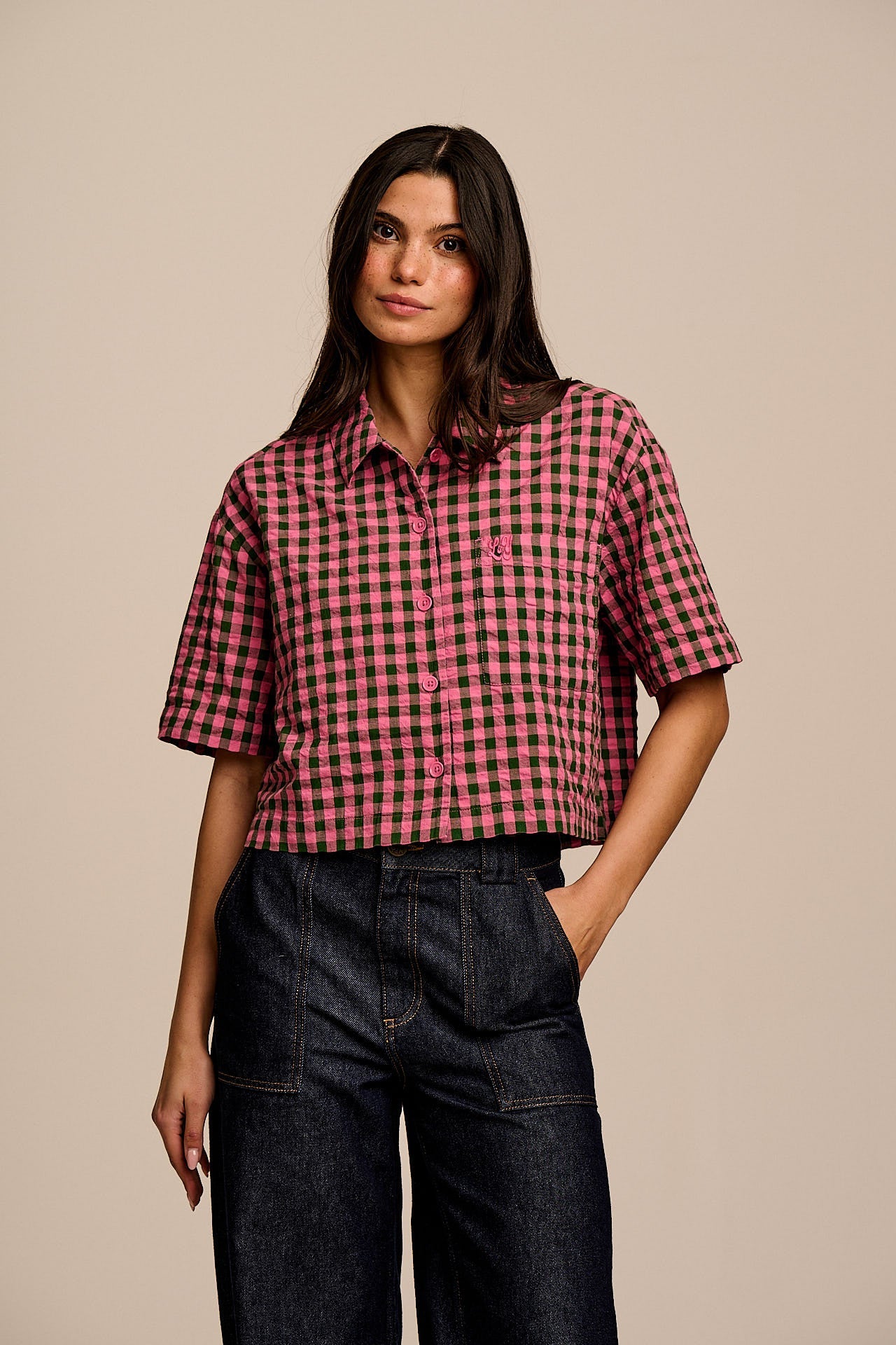 Archer - Cotton Shirt in Pink & Green Gingham