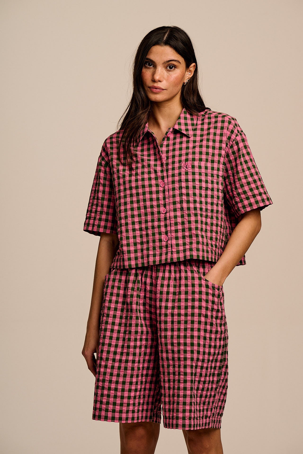 Madero - Cotton Long Shorts in Pink & Green Gingham