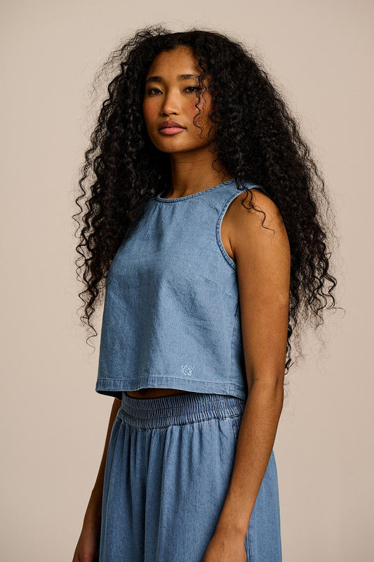 Arden -  Light Weight Denim Shell Top in Light Wash Blue