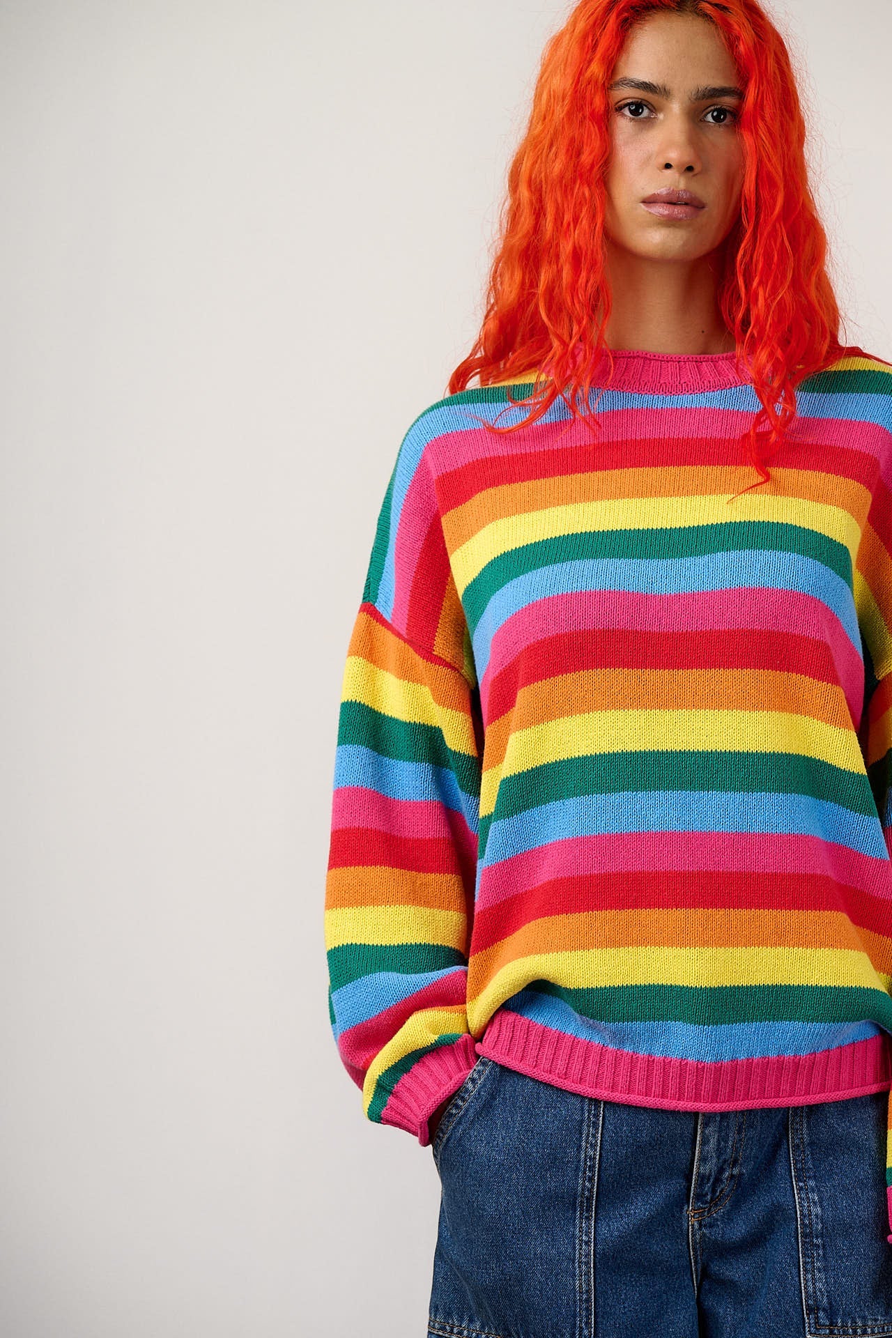 Areum - Cotton Bubble Hem Knitted Jumper in Rainbow Stripe