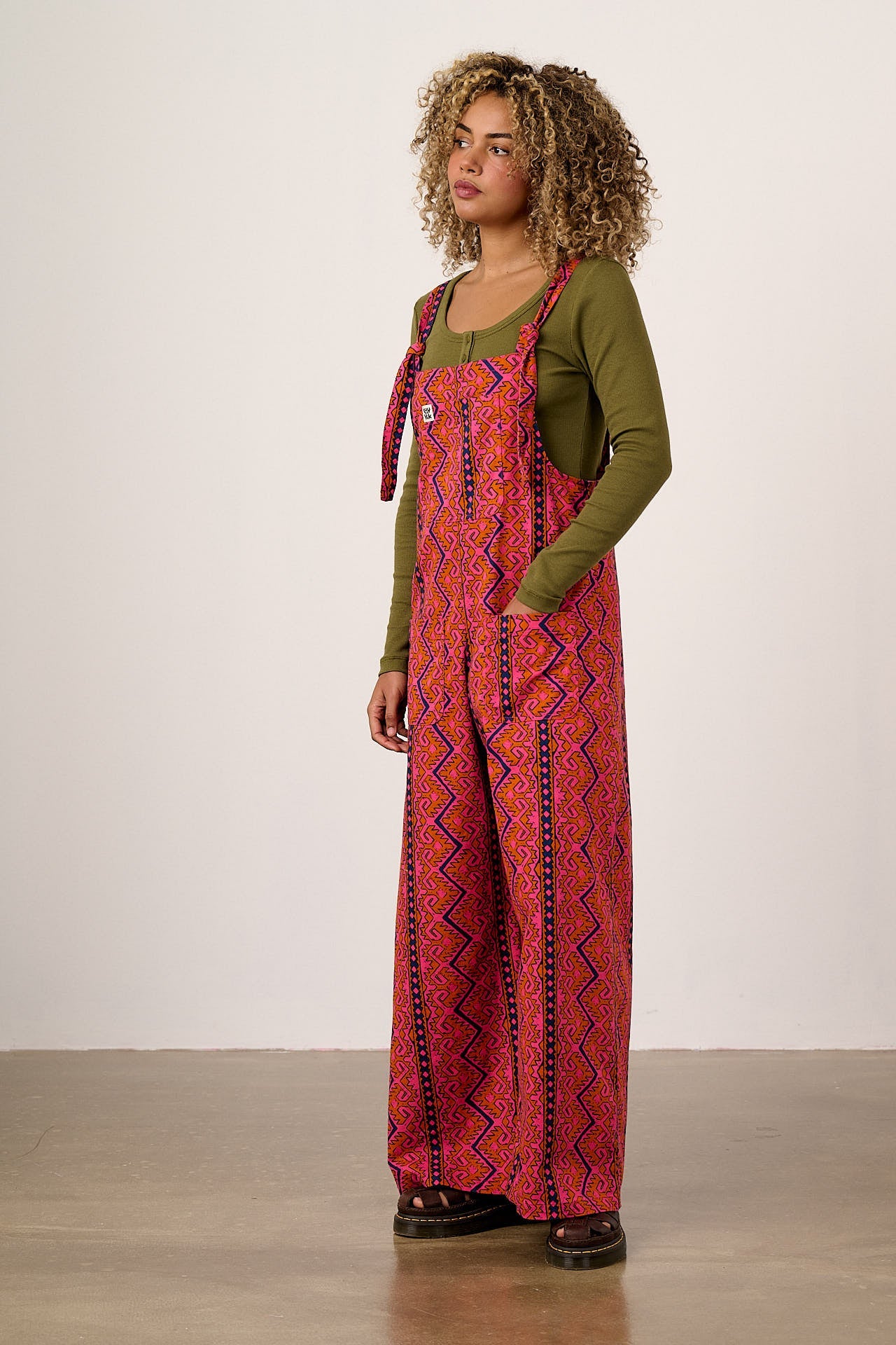 Arlo - Cotton Wide Leg Dungarees in Red Zig Zag Stripe