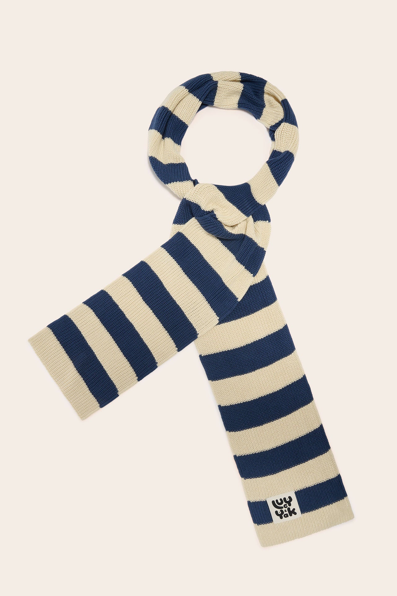 Aroha - Knitted Scarf in Blue and Ecru Stripe