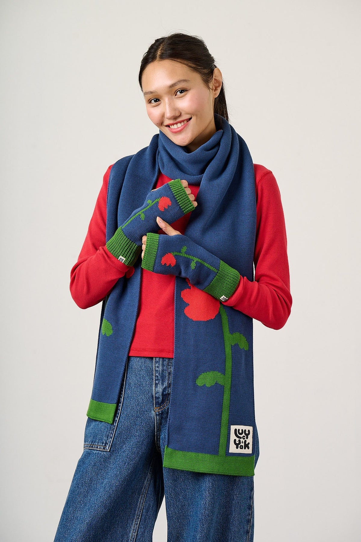 Aroha - Organic Cotton Knitted Scarf in Blue Tulip Floral
