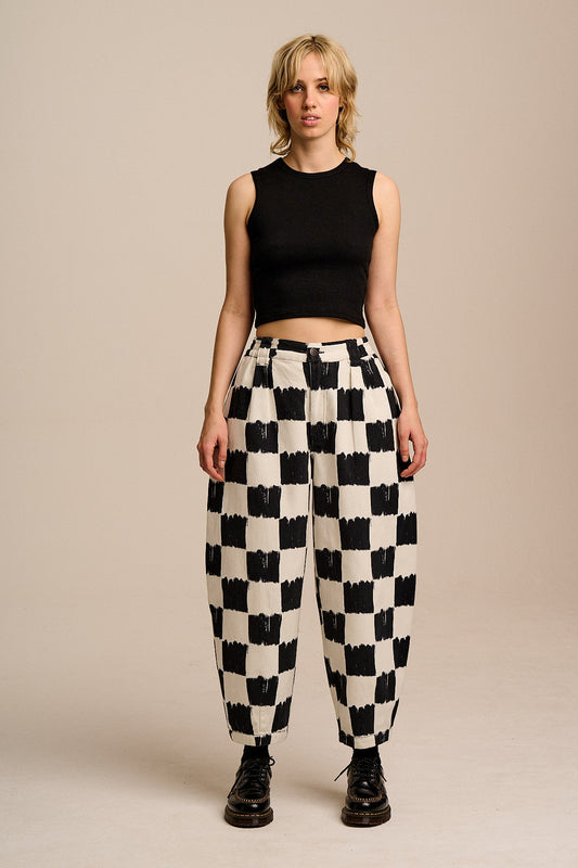 Ashby -  Cotton Barrel Leg Trousers in Black and Ecru Blurred Checkerboard