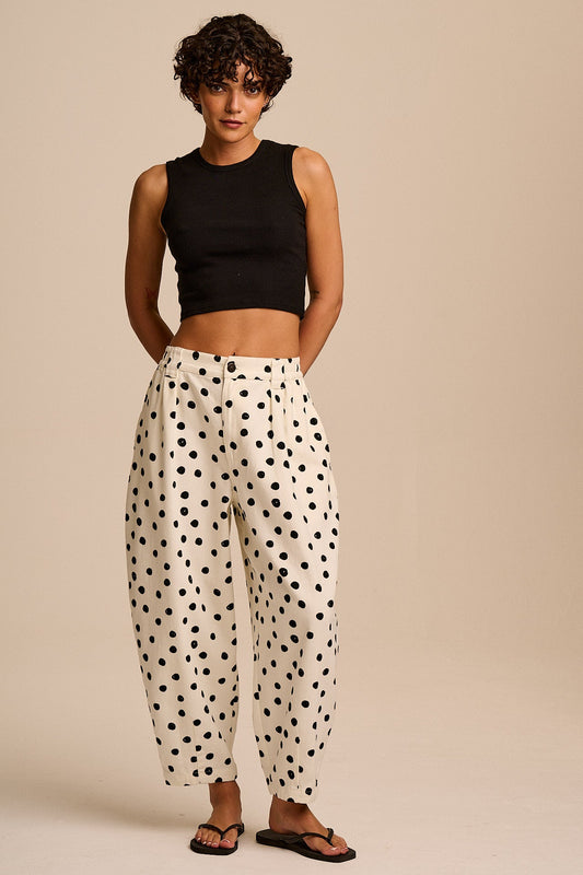 Ashby - Cotton Barrel Leg Trousers in Ecru & Black Polka Dot