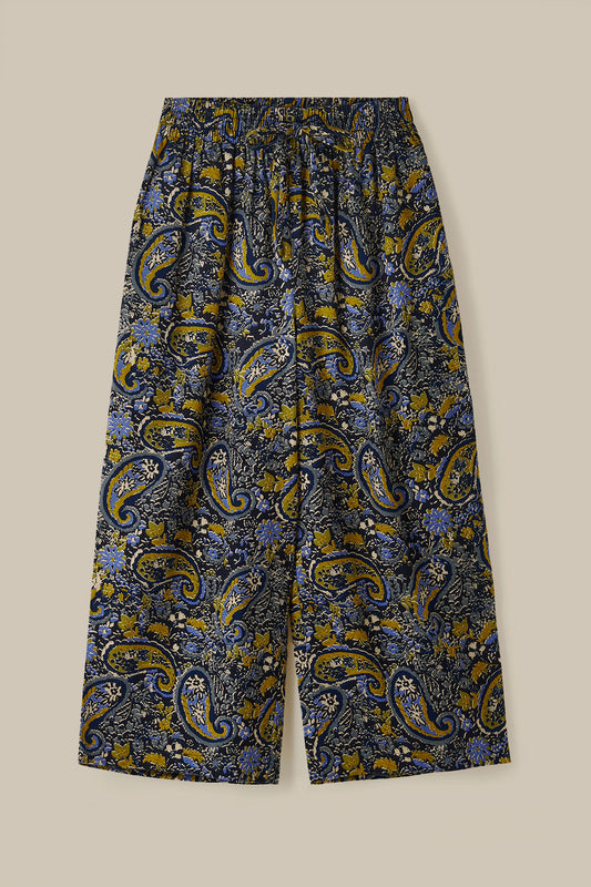 Chuck - Wide Leg Cotton Trousers in Grunge Blue Paisley Print