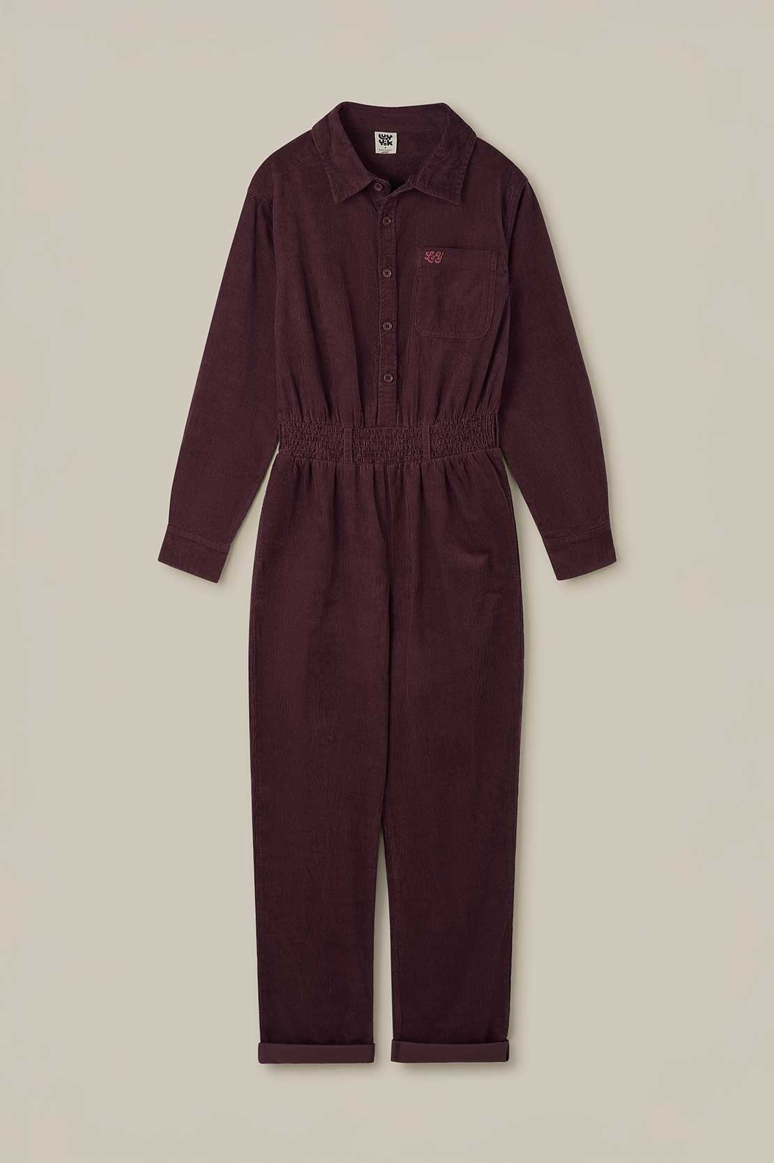 Eddie - Long Sleeve Corduroy Jumpsuit in Wine Red
