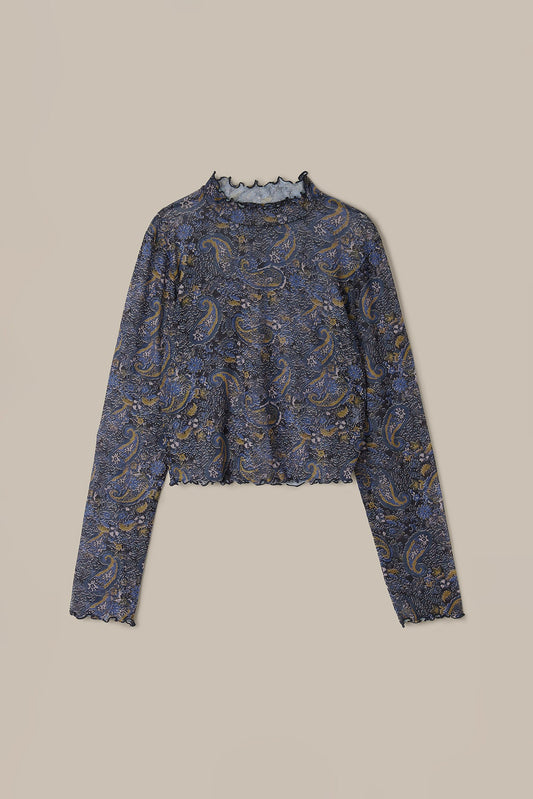 Perrie - Long Sleeve Mesh Top in Blue Grunge Paisley Print