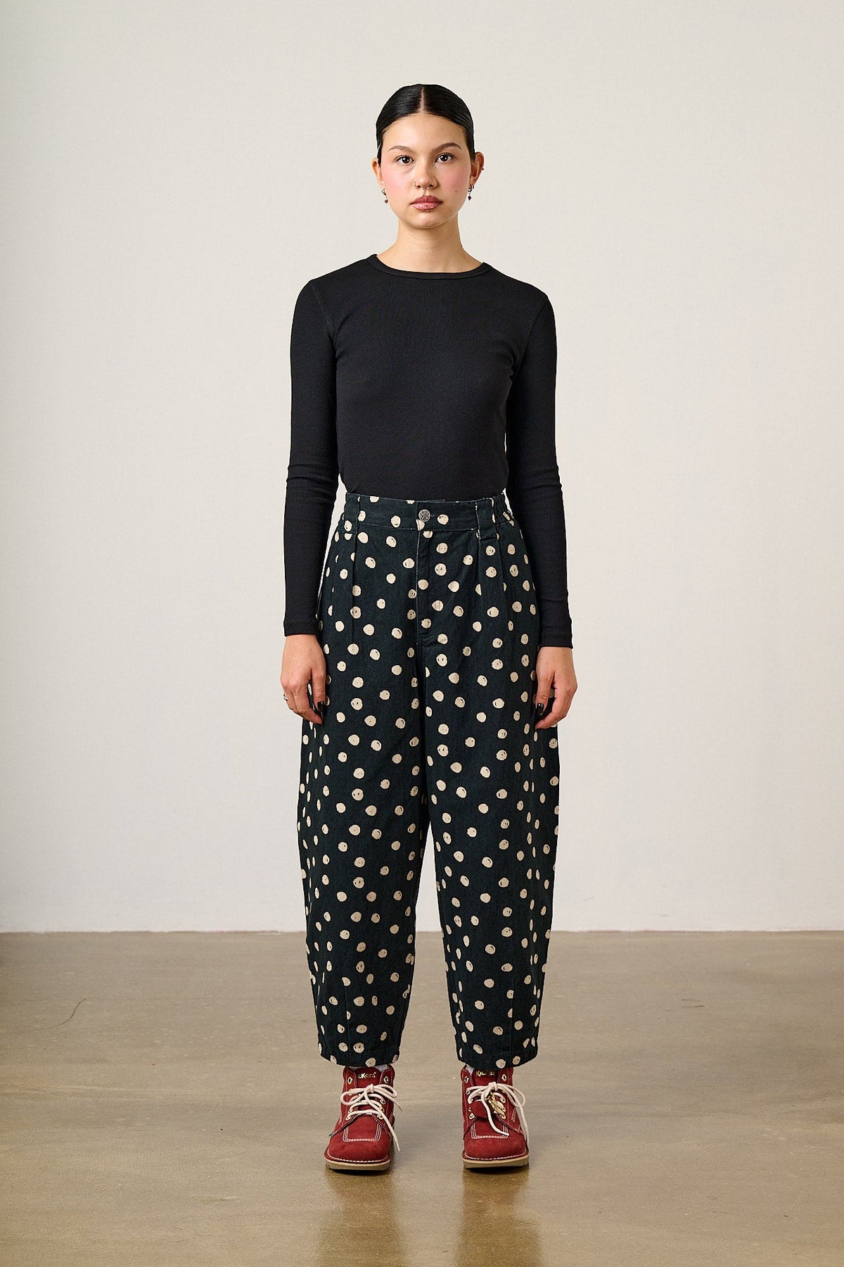 Ashby Barrel Leg Trousers - Cotton in Polka Dot Black and Ecru