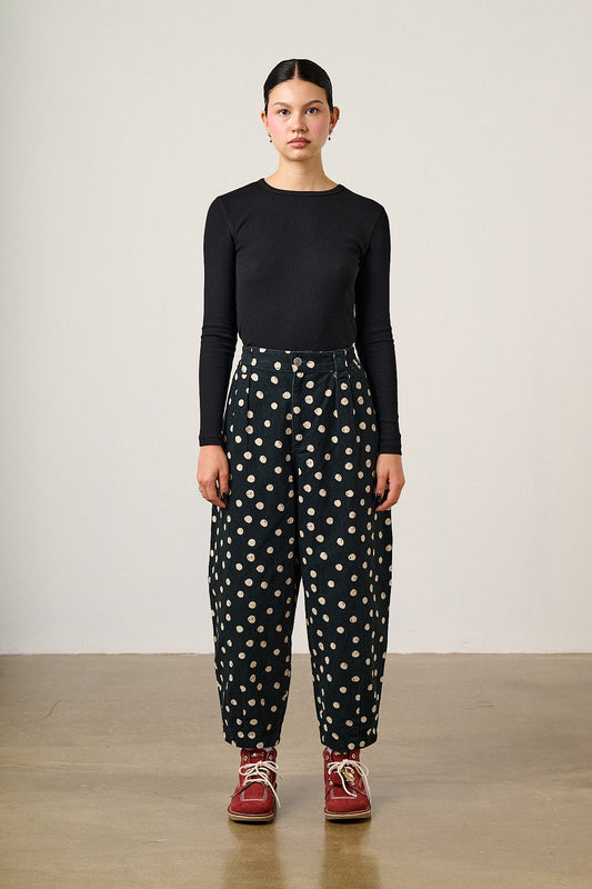 Ashby Barrel Leg Trousers - Cotton in Polka Dot Black and Ecru