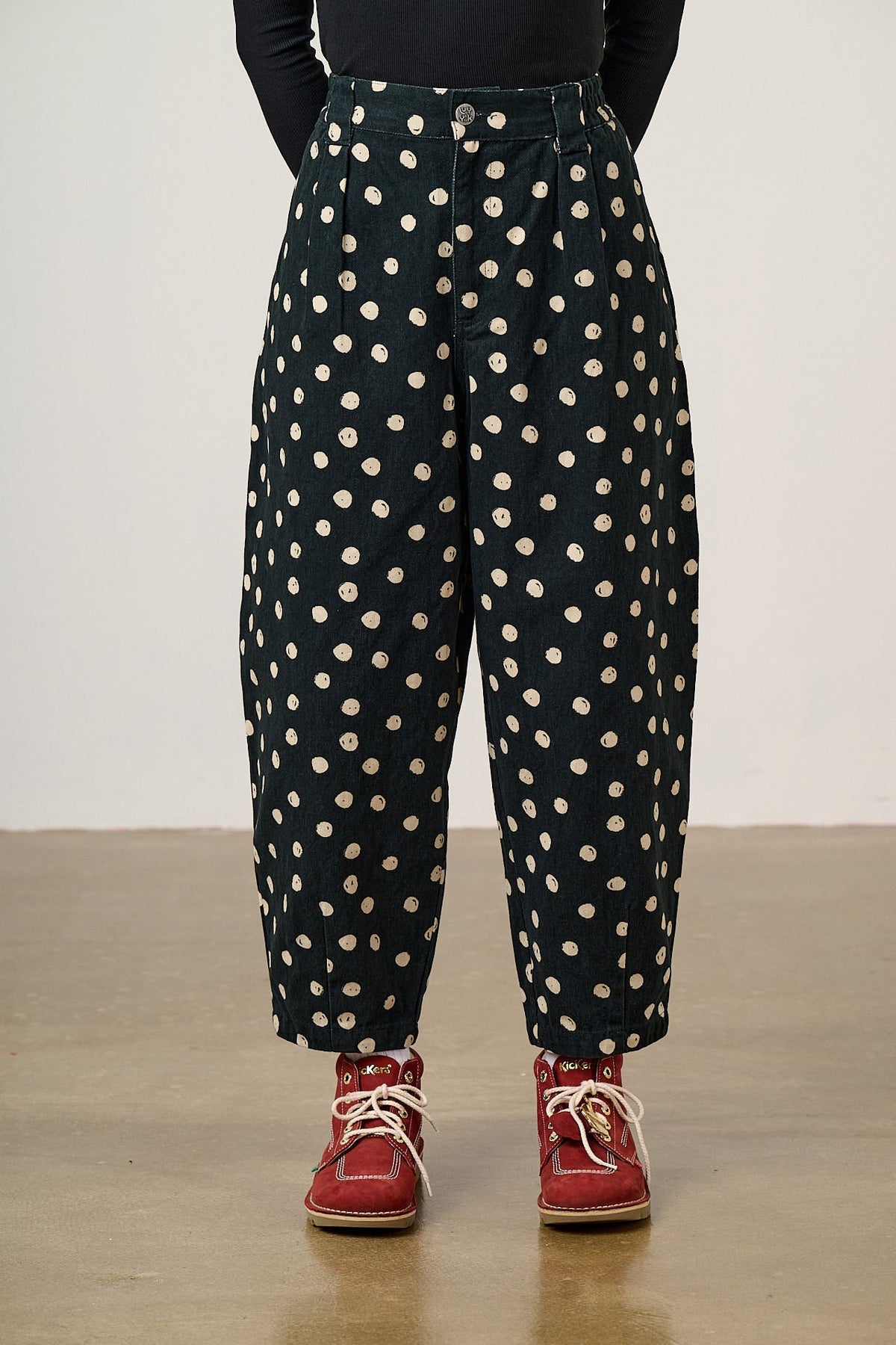 Ashby Barrel Leg Trousers - Cotton in Polka Dot Black and Ecru