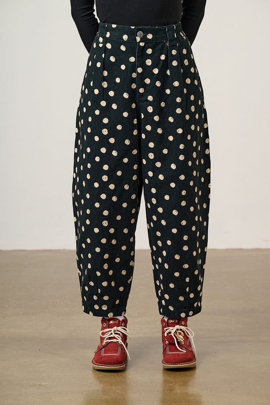 Ashby Barrel Leg Trousers - Cotton in Polka Dot Black and Ecru