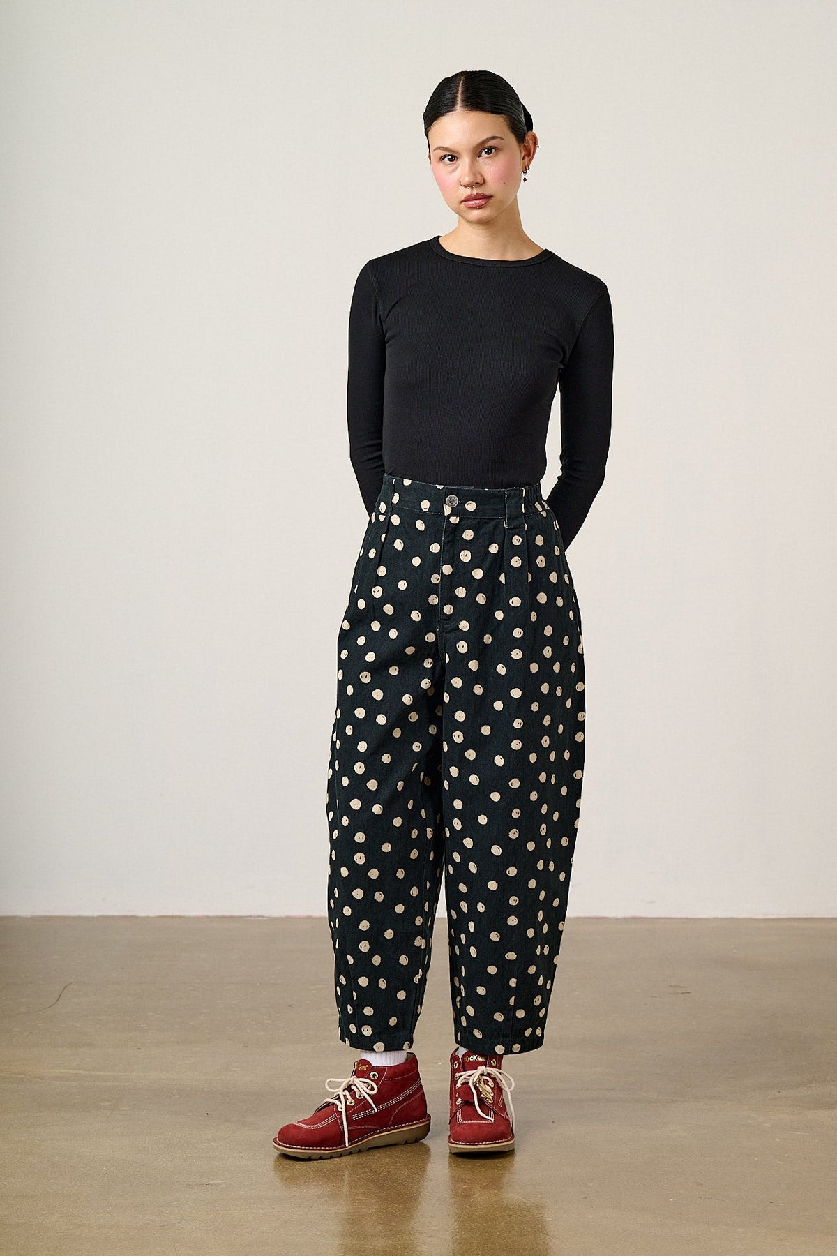 Ashby Barrel Leg Trousers - Cotton in Polka Dot Black and Ecru