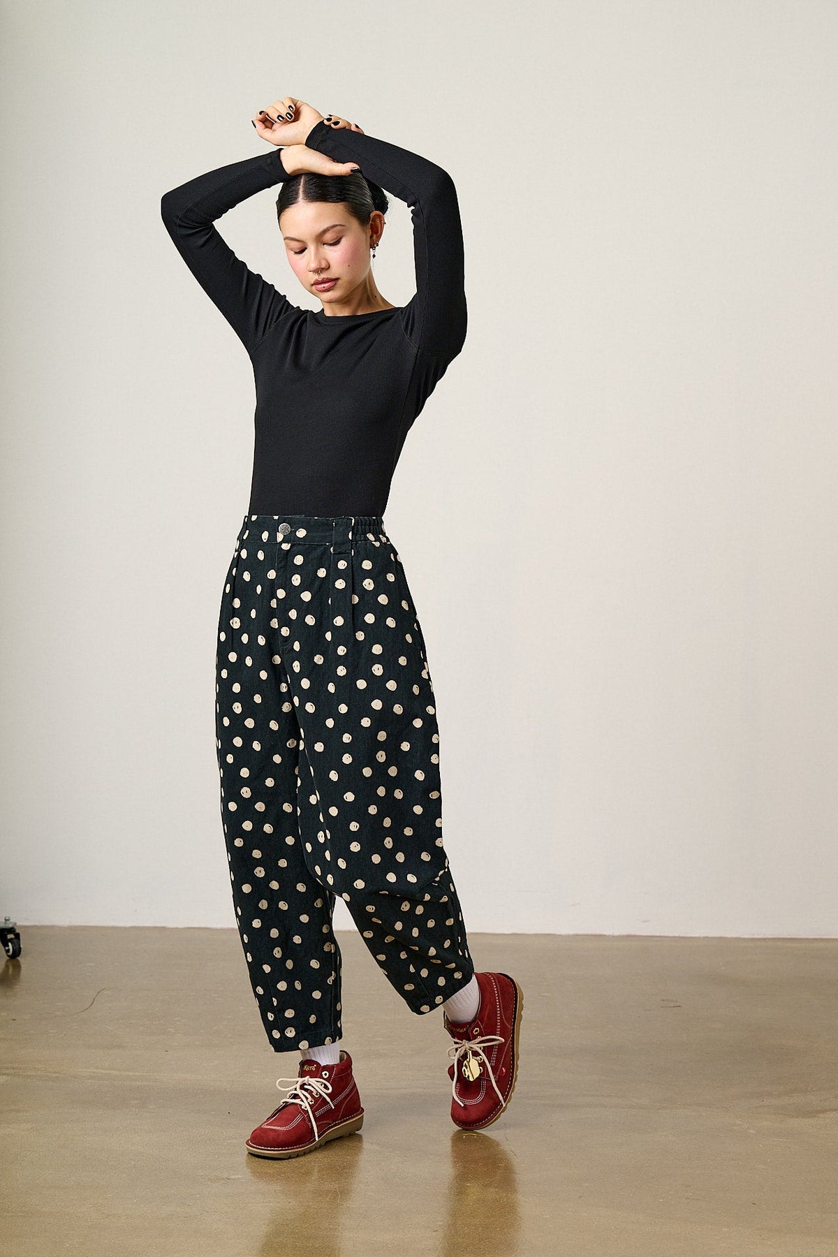 Ashby Barrel Leg Trousers - Cotton in Polka Dot Black and Ecru