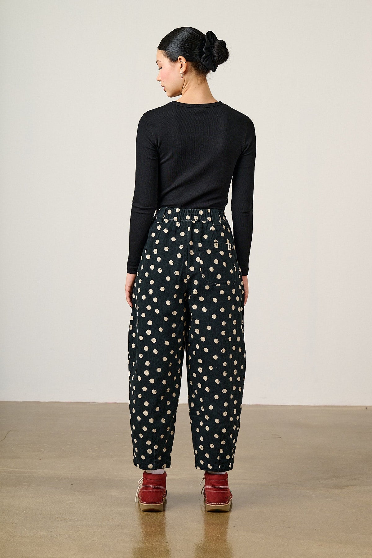 Ashby Barrel Leg Trousers - Cotton in Polka Dot Black and Ecru