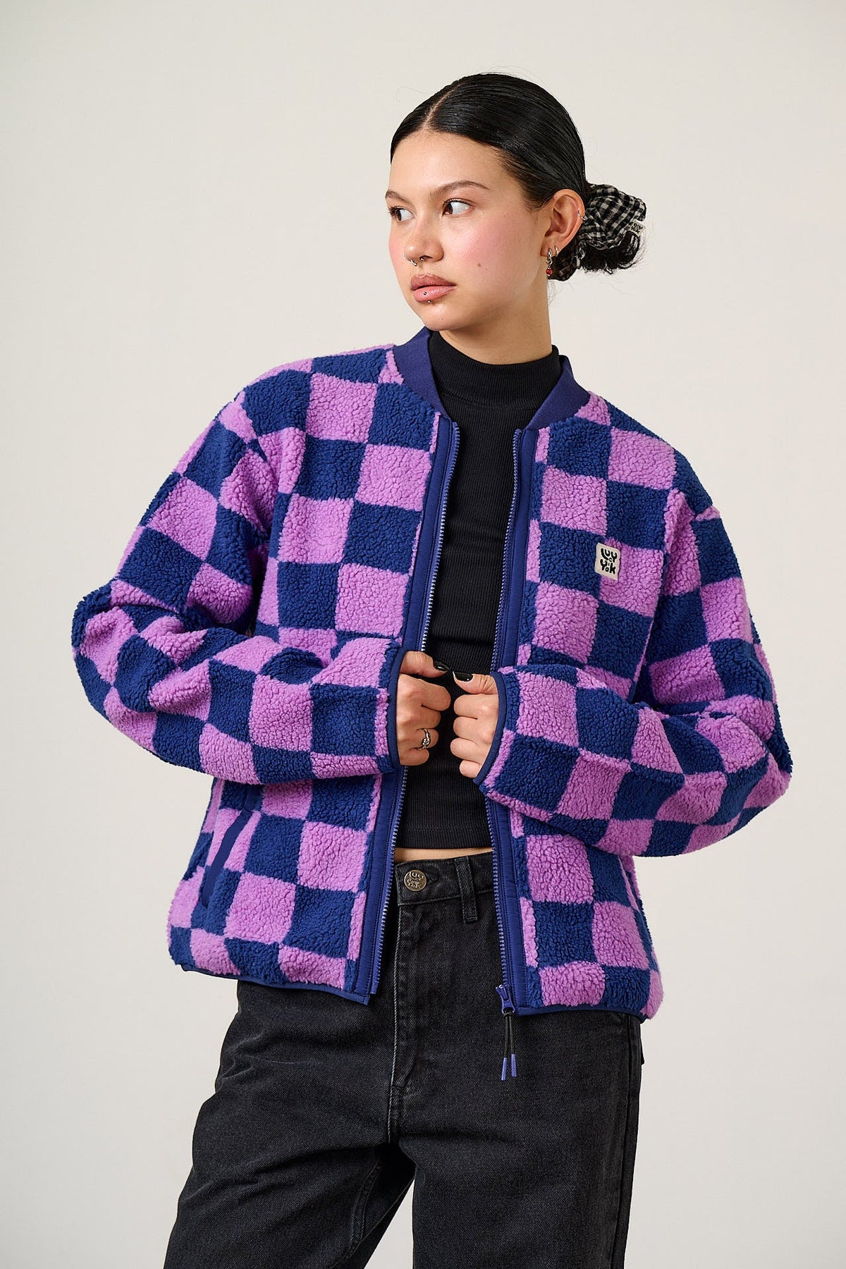 Cassie - Fleece Bomber Jacket in Checkerboard