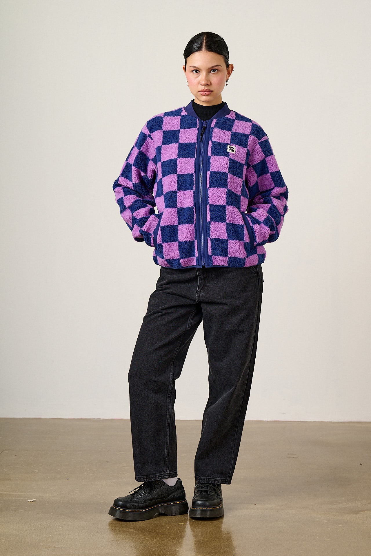Cassie - Fleece Bomber Jacket in Checkerboard