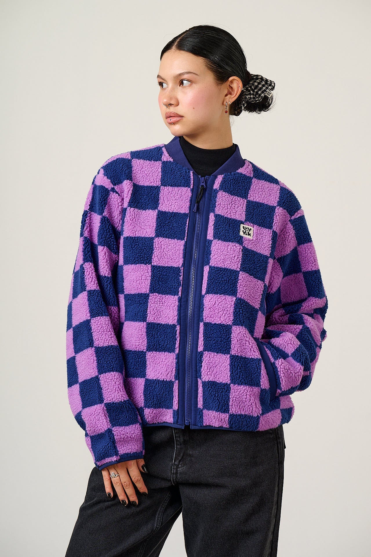 Cassie - Fleece Bomber Jacket in Checkerboard