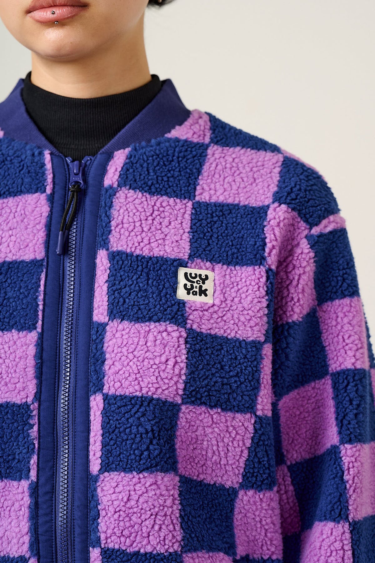 Cassie - Fleece Bomber Jacket in Checkerboard