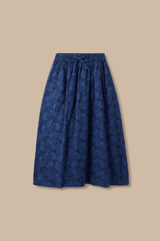 Clara - Brushed Cotton Midi Skirt in Blue Grunge Paisley