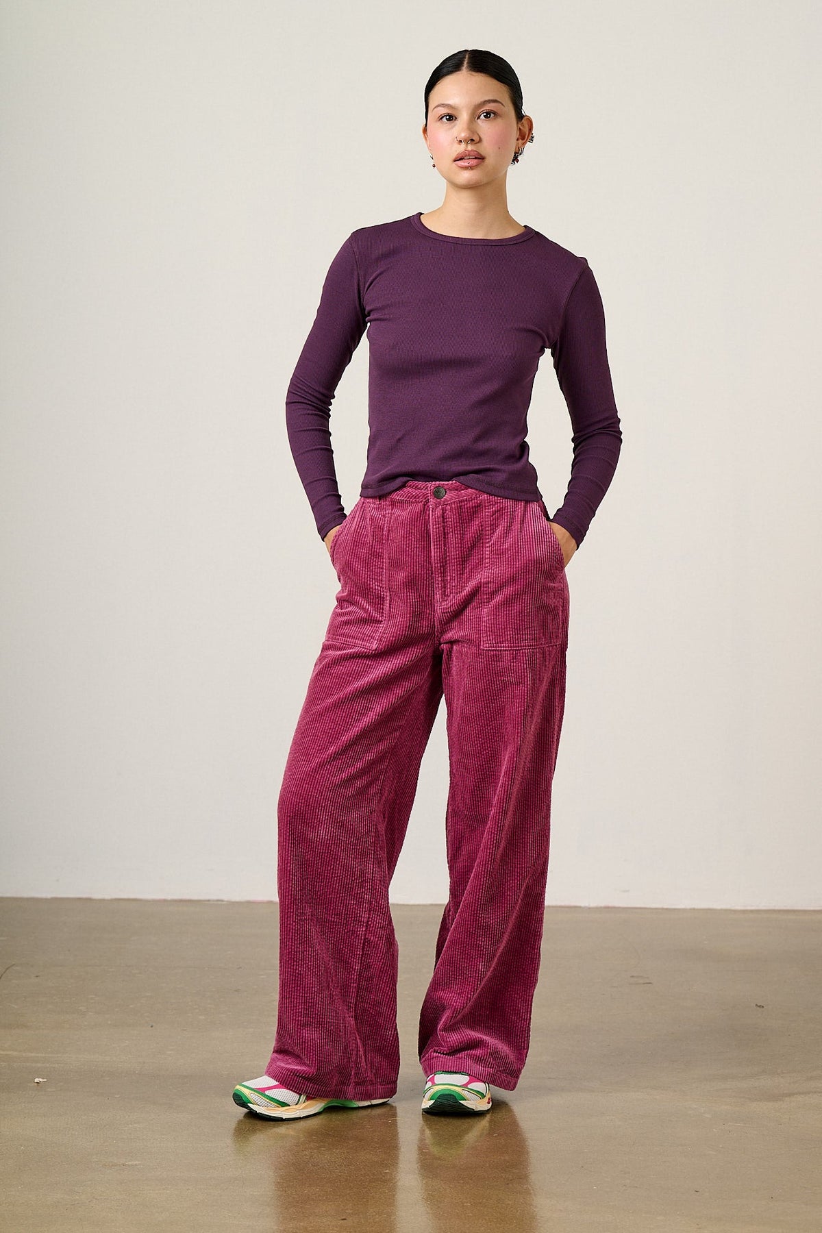 Delores - Organic Cord Wide Leg Trouser in Raspberry