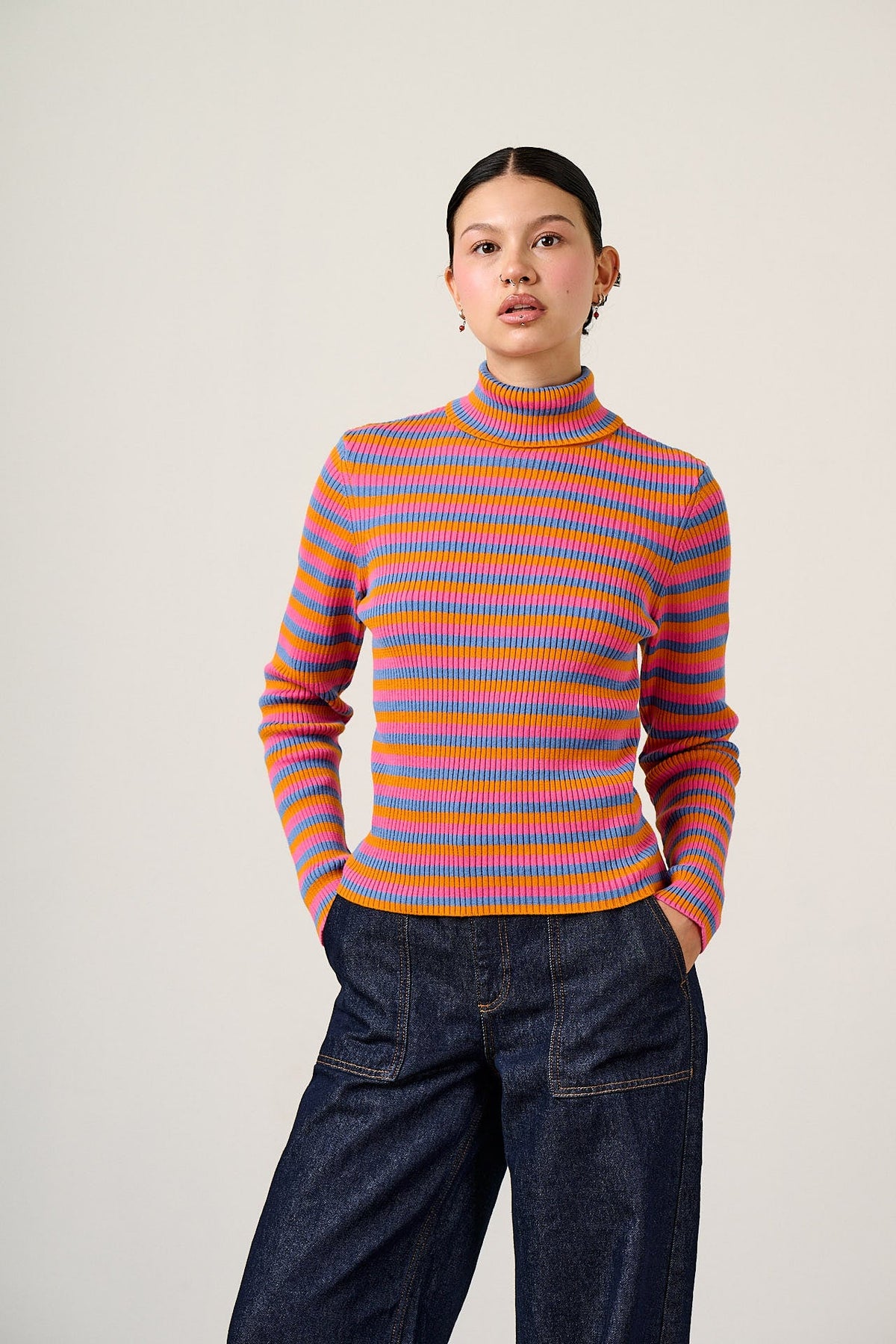Eva - Roll Neck Jumper in Masquerade Stripe