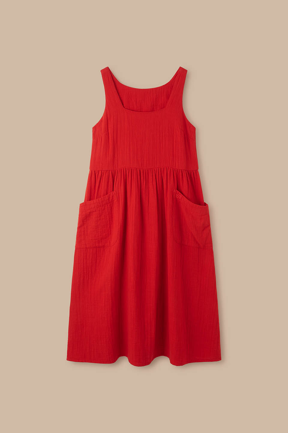 Florie Square Neck Midi Dress - Organic Cotton Double Gauze in Red