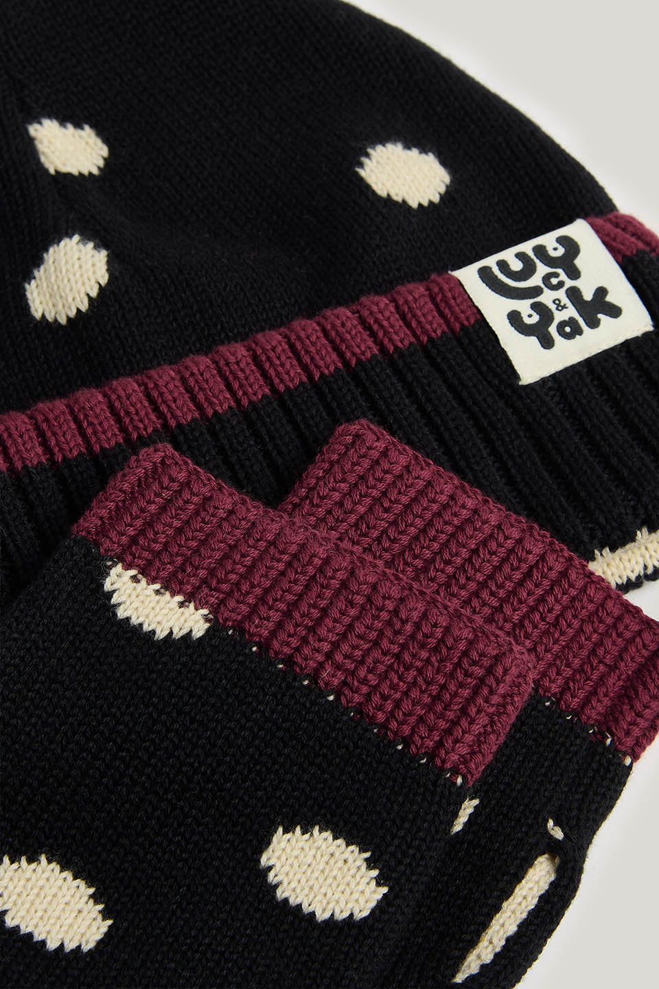 Luca - Knitted Hat & Glove Set - Black Polka Dot
