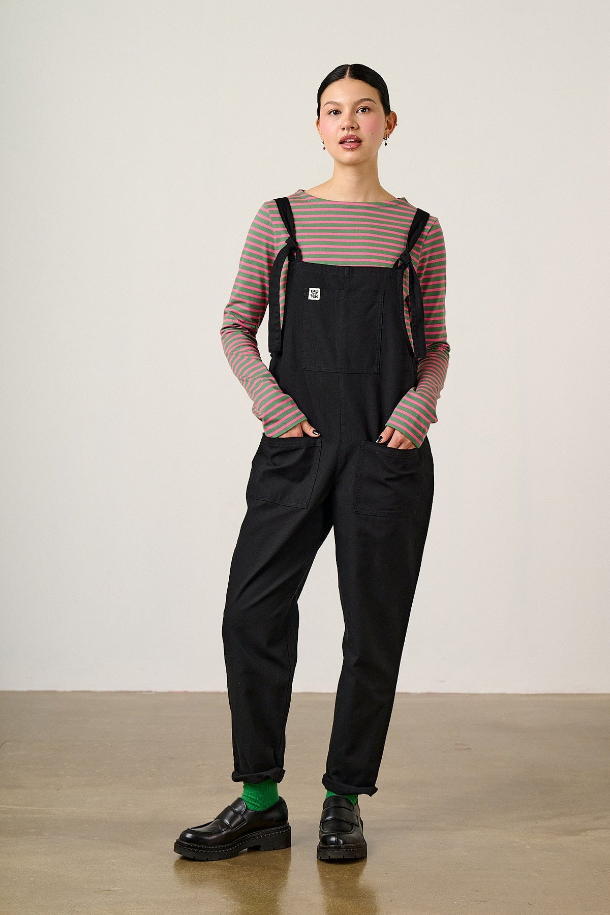 Laia Breton - Long Sleeve Boat Neck Cotton Top in Green & Pink Stripe