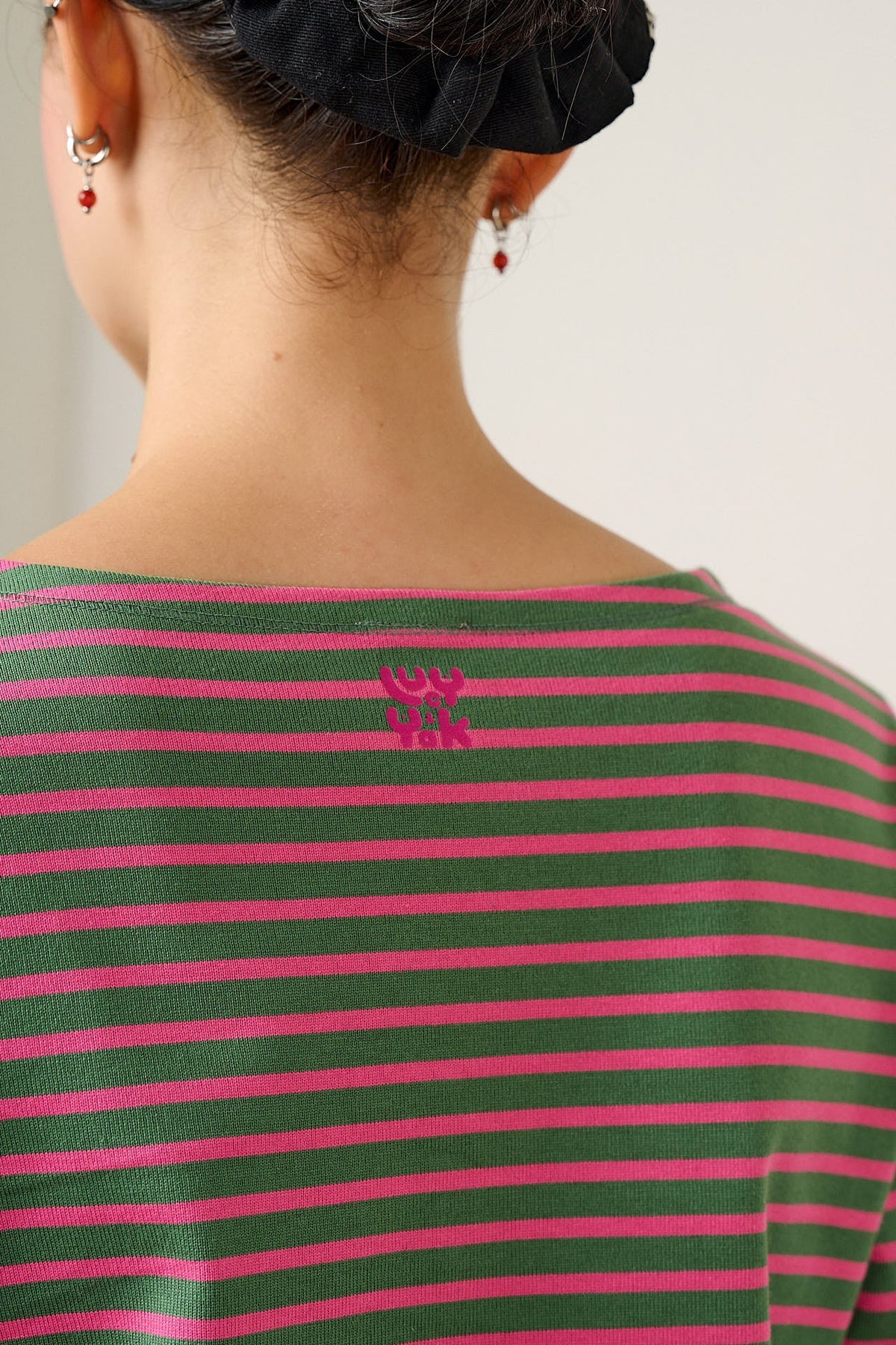 Laia Breton - Long Sleeve Boat Neck Cotton Top in Green & Pink Stripe