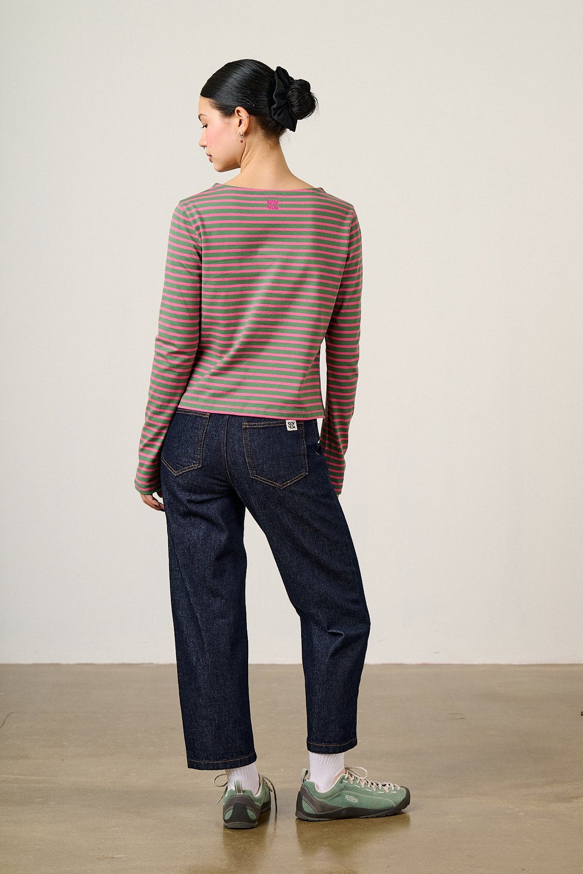 Laia Breton - Long Sleeve Boat Neck Cotton Top in Green & Pink Stripe